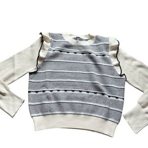 Black and Ivory Cropped Crew Neck Sweater with Striped Design